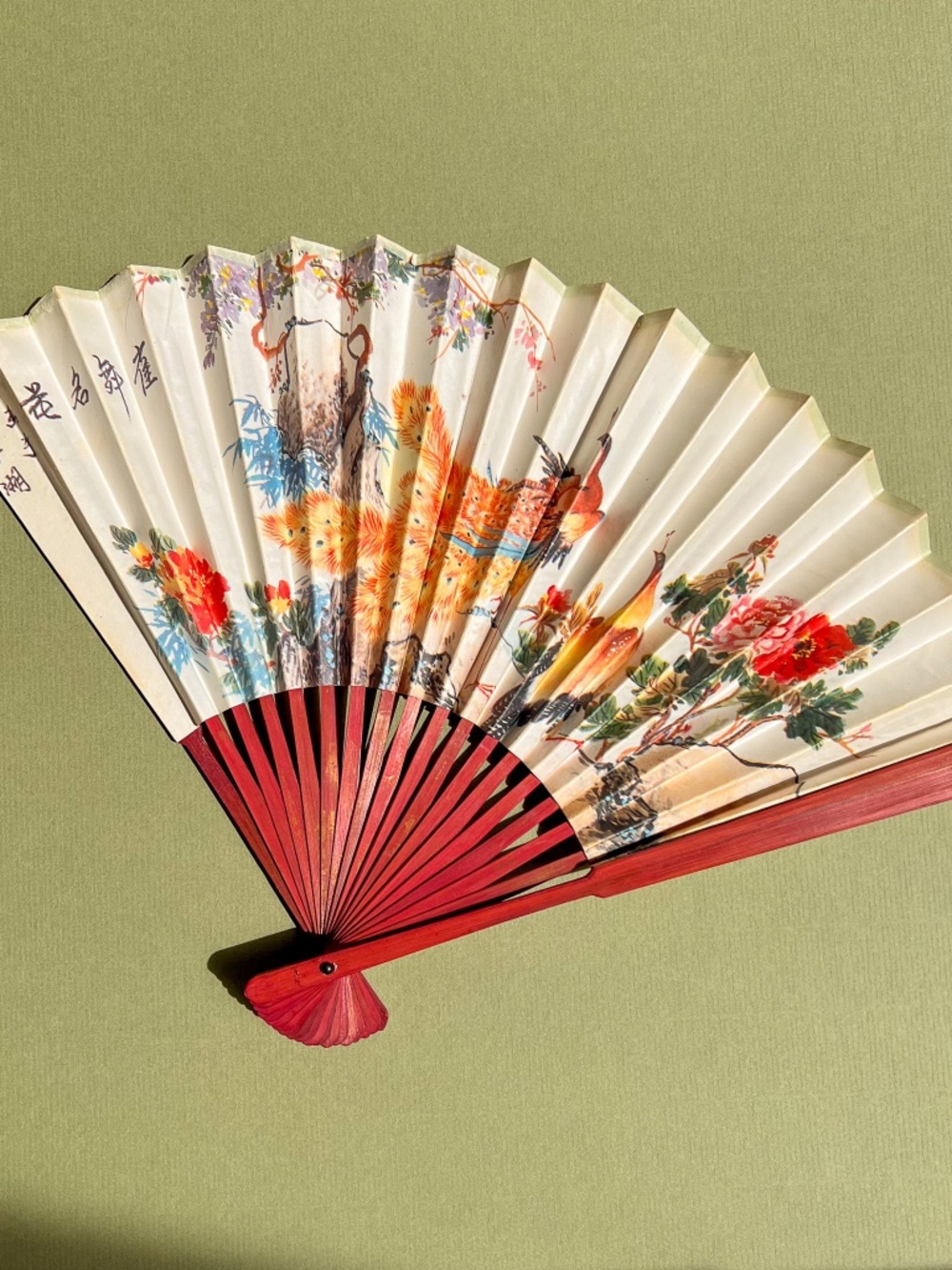 Vintage 1970s Peacocks Folding Fan With Cherry Wood